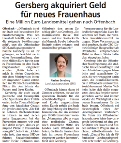 Das Bild zeigt einen Zeitungsartikel über die Aqkuise von Landesmitteln für das Frauen*- und Kinderhaus von Nadine Gersberg. Der Text ist unten zu lesen. Außerdem ist ein Foto von Nadine Gersberg zu sehen.